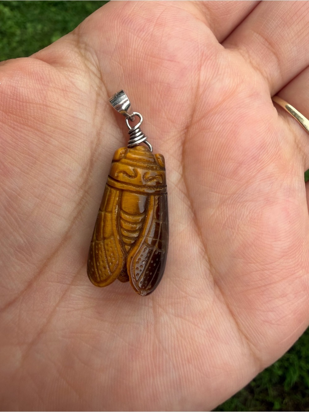 925 Sterling Silver Carved Cicada Pendant Necklace in Honey Brown
